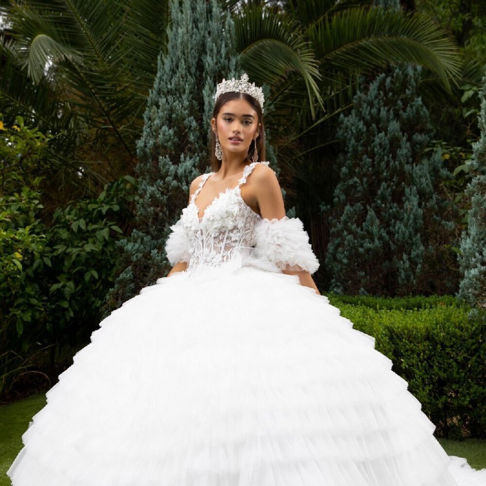 New Evening Ruffle Maxi Ball Gown w/ V-Neck & Removable Ruffle Sleeves GL3610